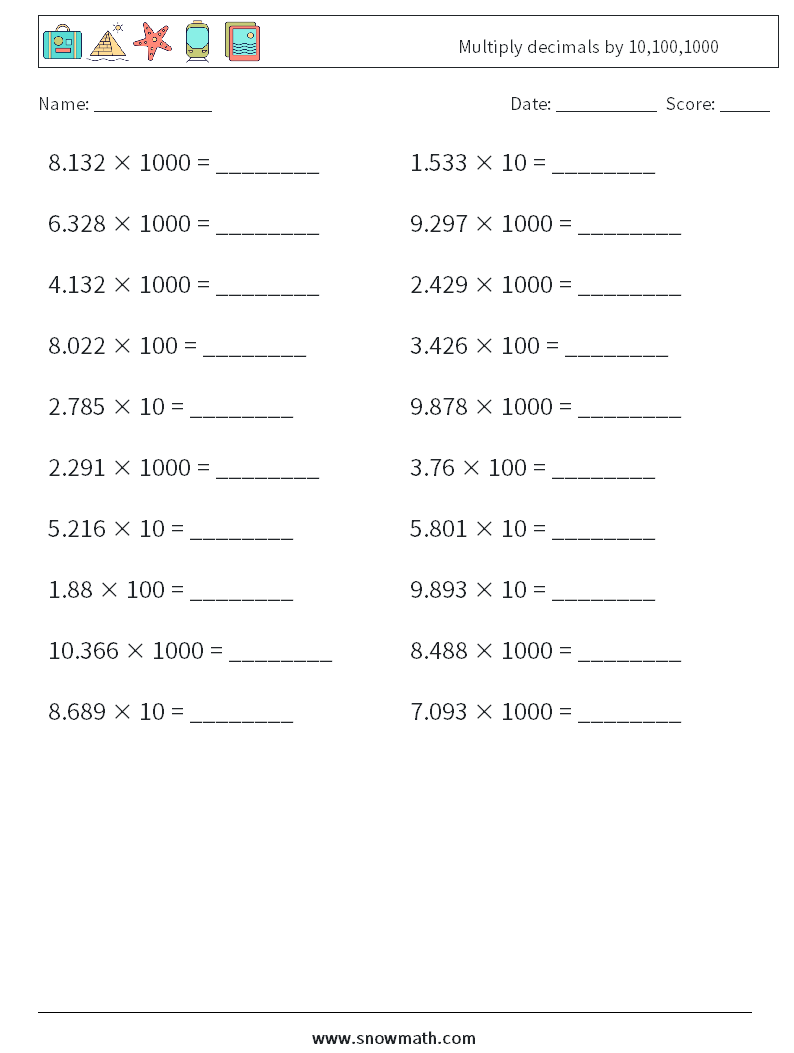 Multiply decimals by 10,100,1000 Math Worksheets 16