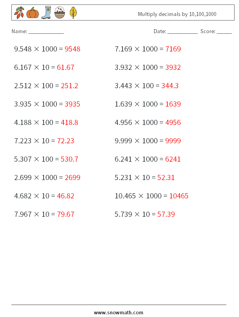 Multiply decimals by 10,100,1000 Math Worksheets 18 Question, Answer