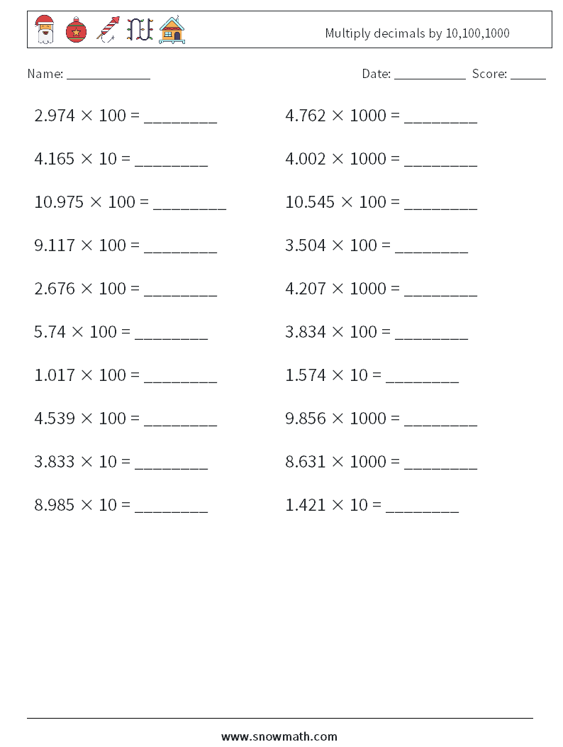 Multiply decimals by 10,100,1000 Math Worksheets 2