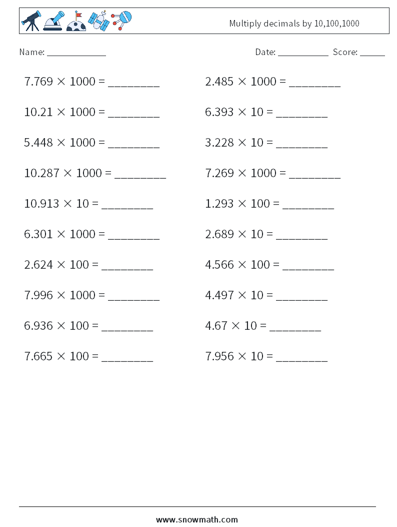 Multiply decimals by 10,100,1000 Math Worksheets 3