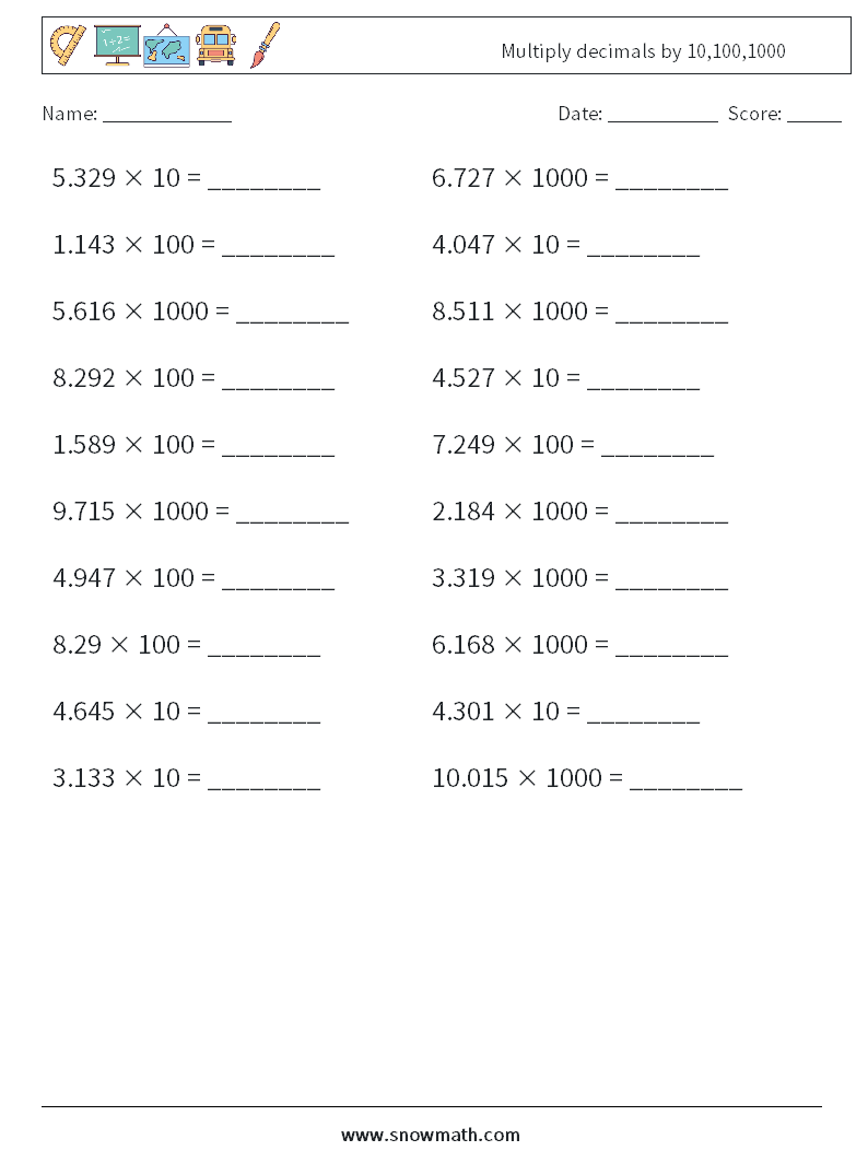 Multiply decimals by 10,100,1000 Math Worksheets 5
