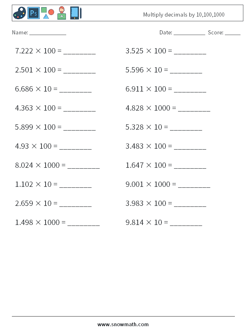 Multiply decimals by 10,100,1000 Math Worksheets 6