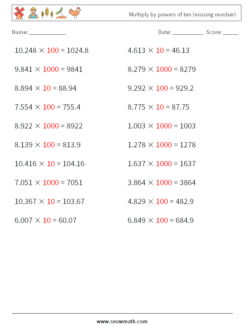 Multiply by powers of ten (missing number) Math Worksheets 13 Question, Answer