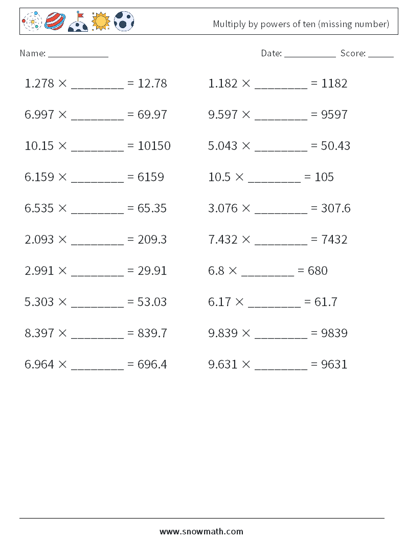 Multiply by powers of ten (missing number) Math Worksheets 15