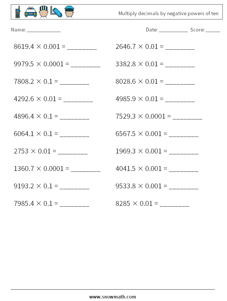 Multiply decimals by negative powers of ten Math Worksheets 1