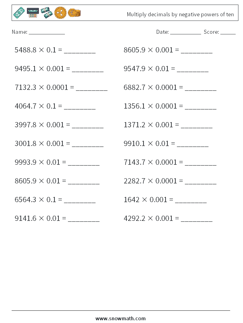 Multiply decimals by negative powers of ten Math Worksheets 10