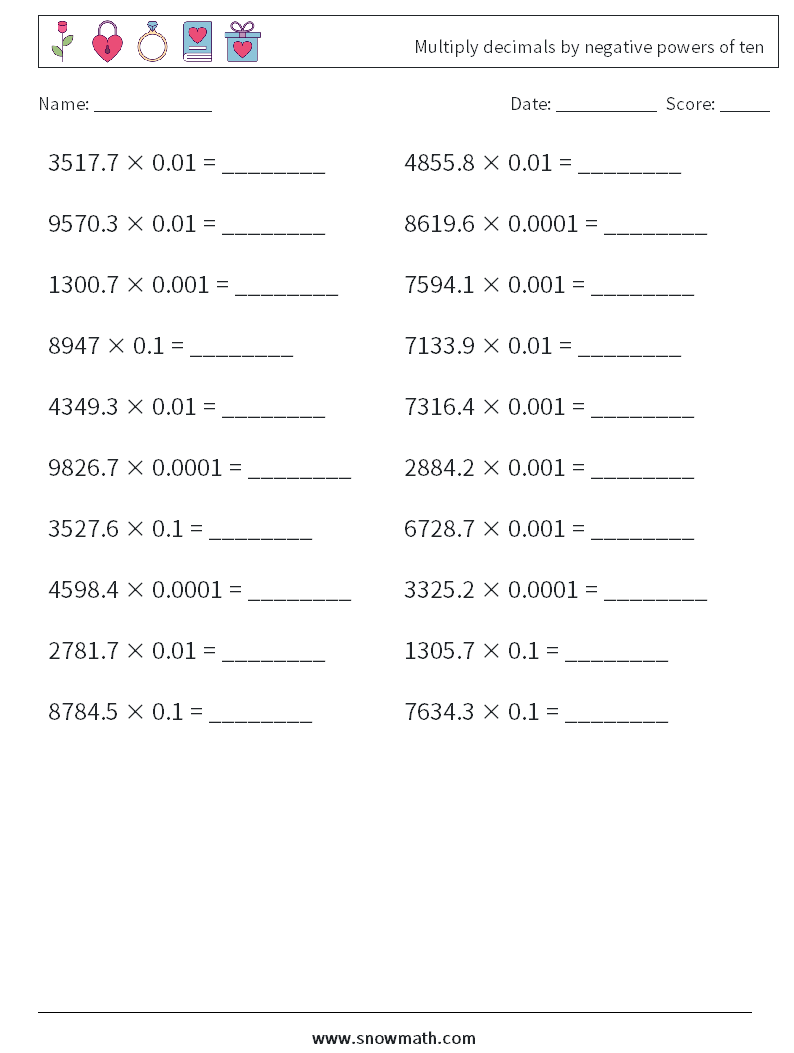 Multiply decimals by negative powers of ten Math Worksheets 11