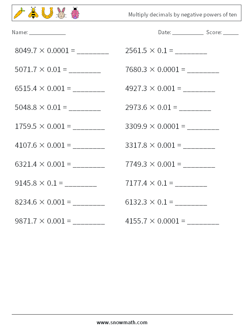 Multiply decimals by negative powers of ten Math Worksheets 12