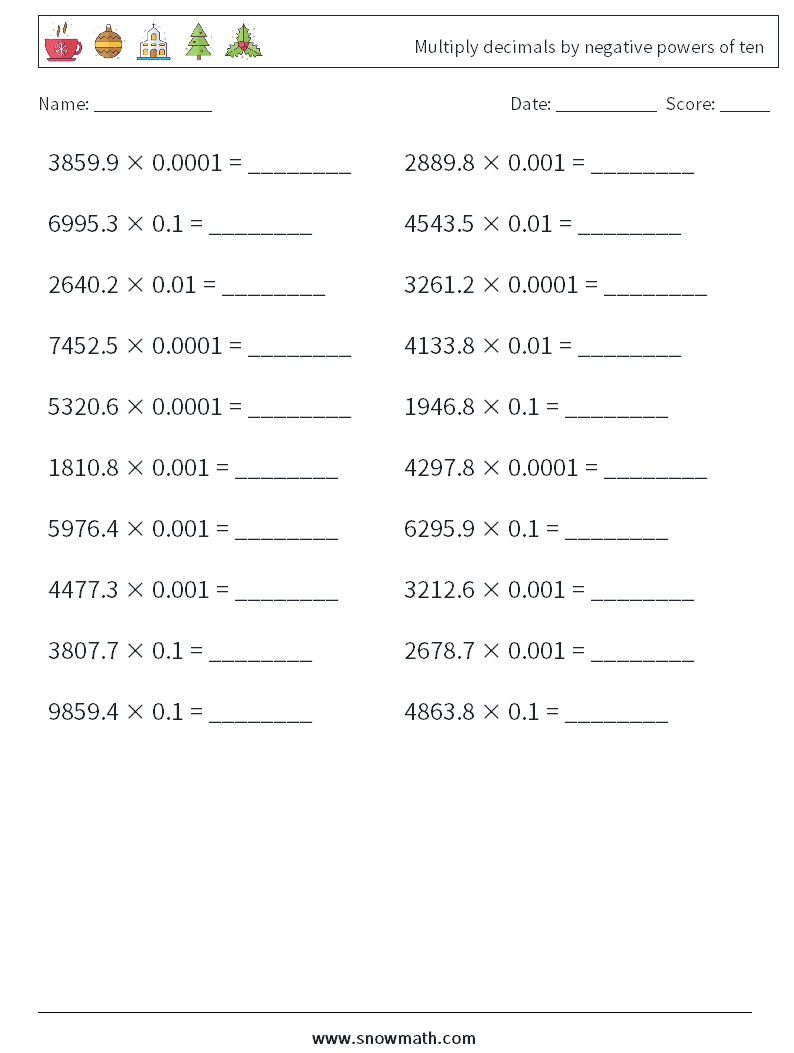 Multiply decimals by negative powers of ten Math Worksheets 14