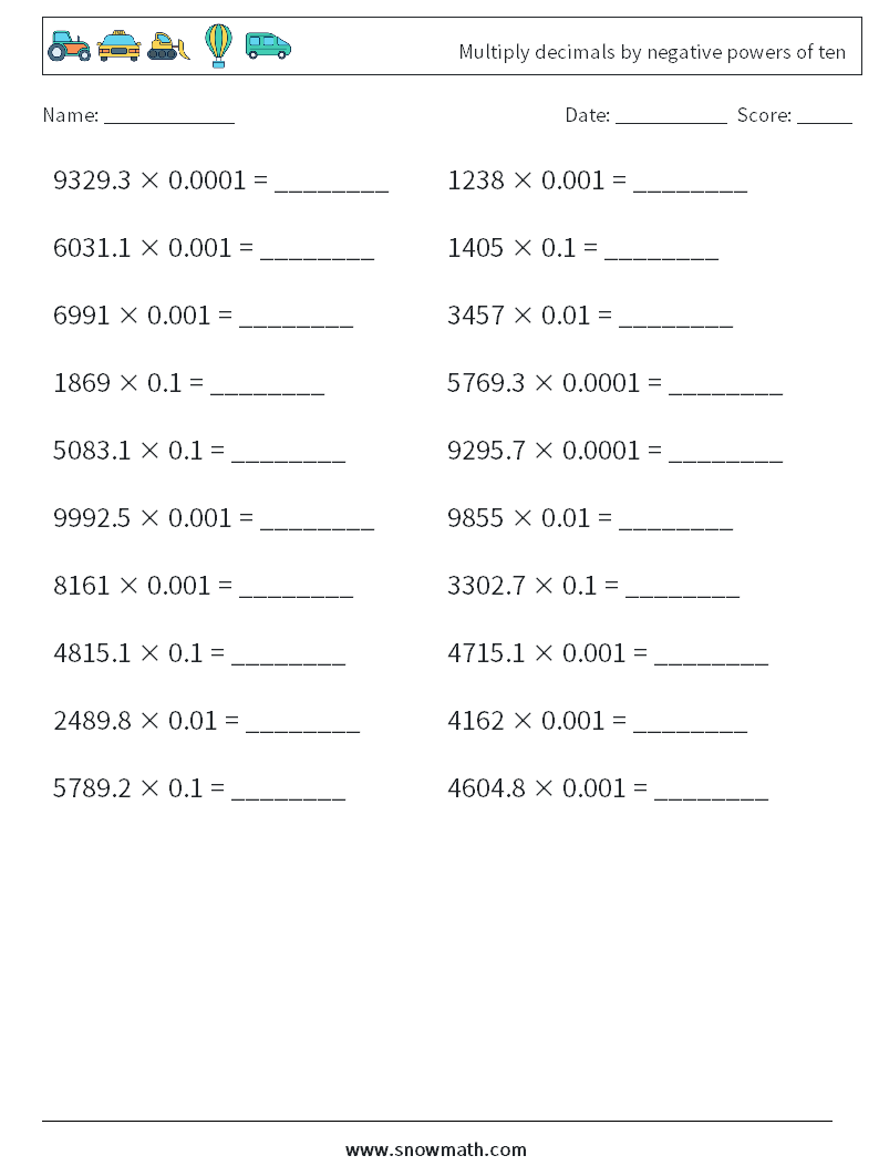Multiply decimals by negative powers of ten Math Worksheets 16