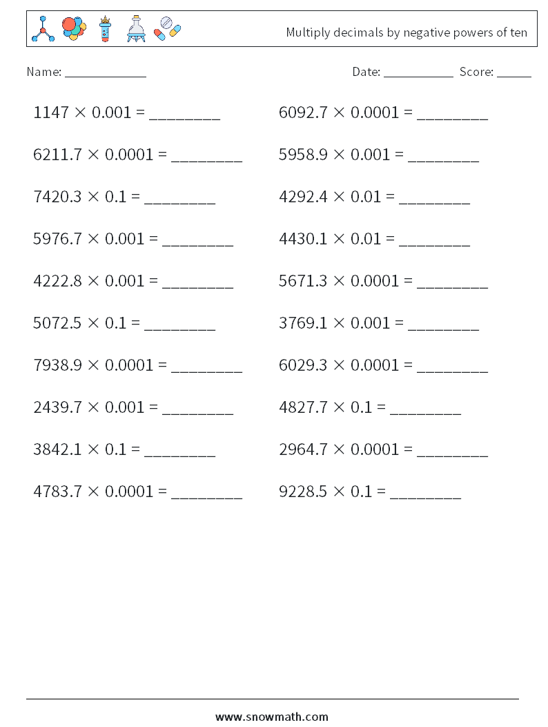 Multiply decimals by negative powers of ten Math Worksheets 17