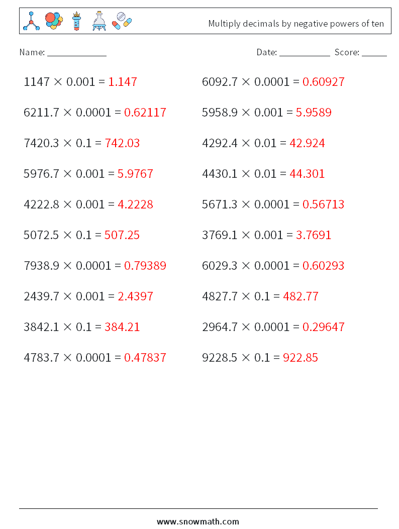 Multiply decimals by negative powers of ten Math Worksheets 17 Question, Answer