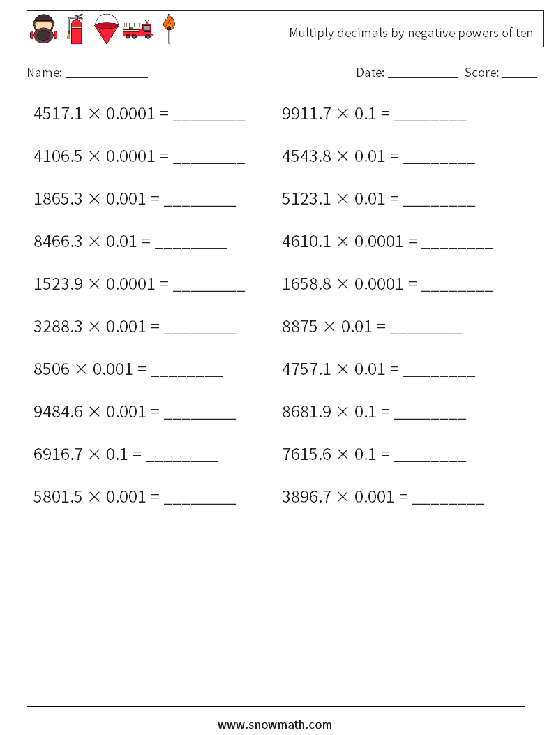 Multiply decimals by negative powers of ten Math Worksheets 18