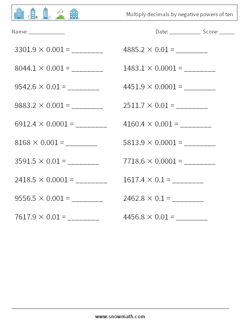 Multiply decimals by negative powers of ten Math Worksheets 2