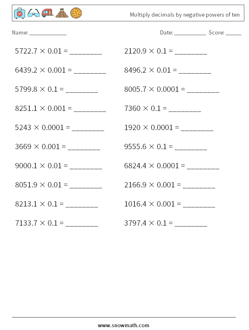 Multiply decimals by negative powers of ten Math Worksheets 3