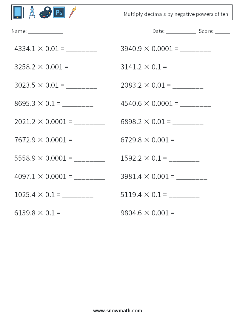 Multiply decimals by negative powers of ten Math Worksheets 5