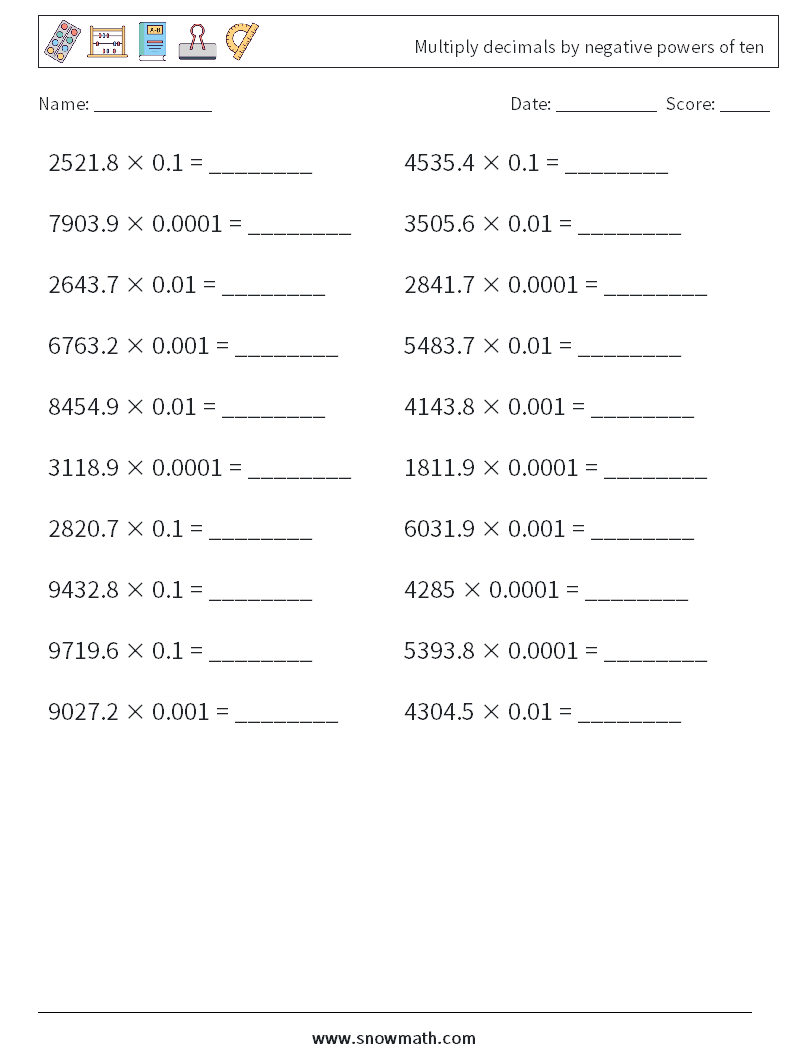 Multiply decimals by negative powers of ten Math Worksheets 8
