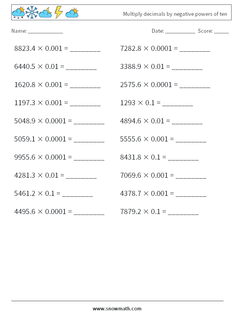 Multiply decimals by negative powers of ten Math Worksheets 9