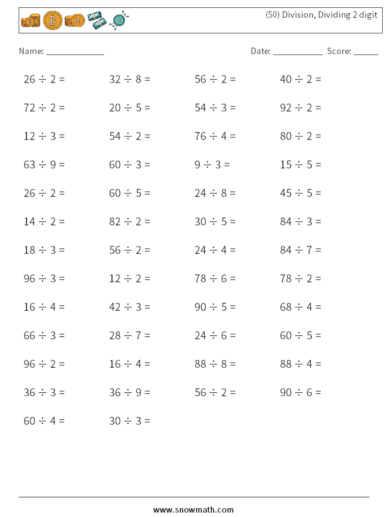 (50) Division, Dividing 2 digit Math Worksheets 1