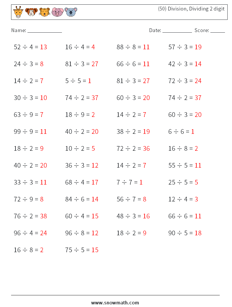 (50) Division, Dividing 2 digit Math Worksheets 3 Question, Answer