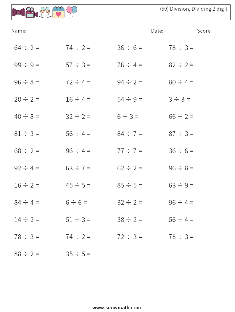(50) Division, Dividing 2 digit Math Worksheets 4