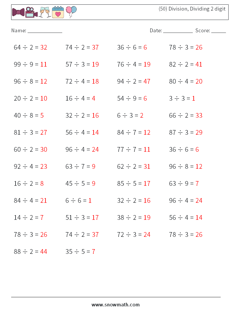 (50) Division, Dividing 2 digit Math Worksheets 4 Question, Answer