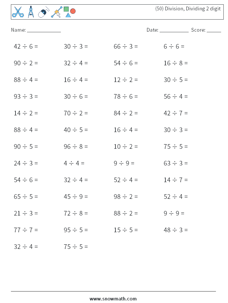 (50) Division, Dividing 2 digit Math Worksheets 5