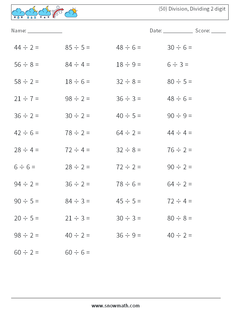 (50) Division, Dividing 2 digit Math Worksheets 6