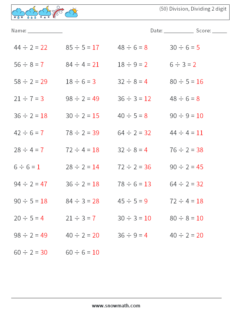 (50) Division, Dividing 2 digit Math Worksheets 6 Question, Answer