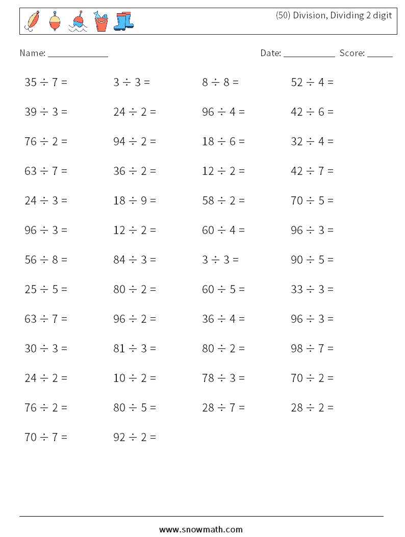 (50) Division, Dividing 2 digit Math Worksheets 7