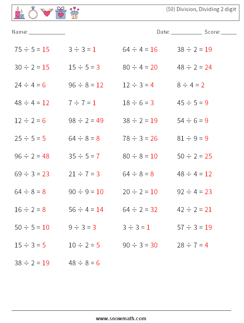 (50) Division, Dividing 2 digit Math Worksheets 8 Question, Answer