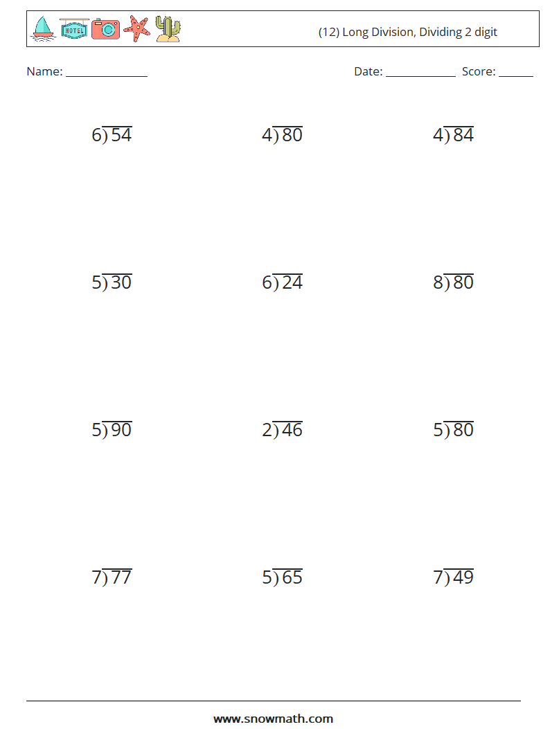(12) Long Division, Dividing 2 digit Math Worksheets 1