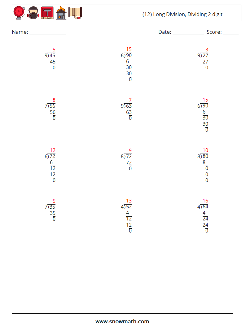 (12) Long Division, Dividing 2 digit Math Worksheets 10 Question, Answer