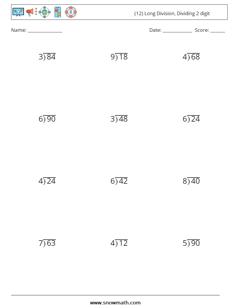 (12) Long Division, Dividing 2 digit Math Worksheets 12