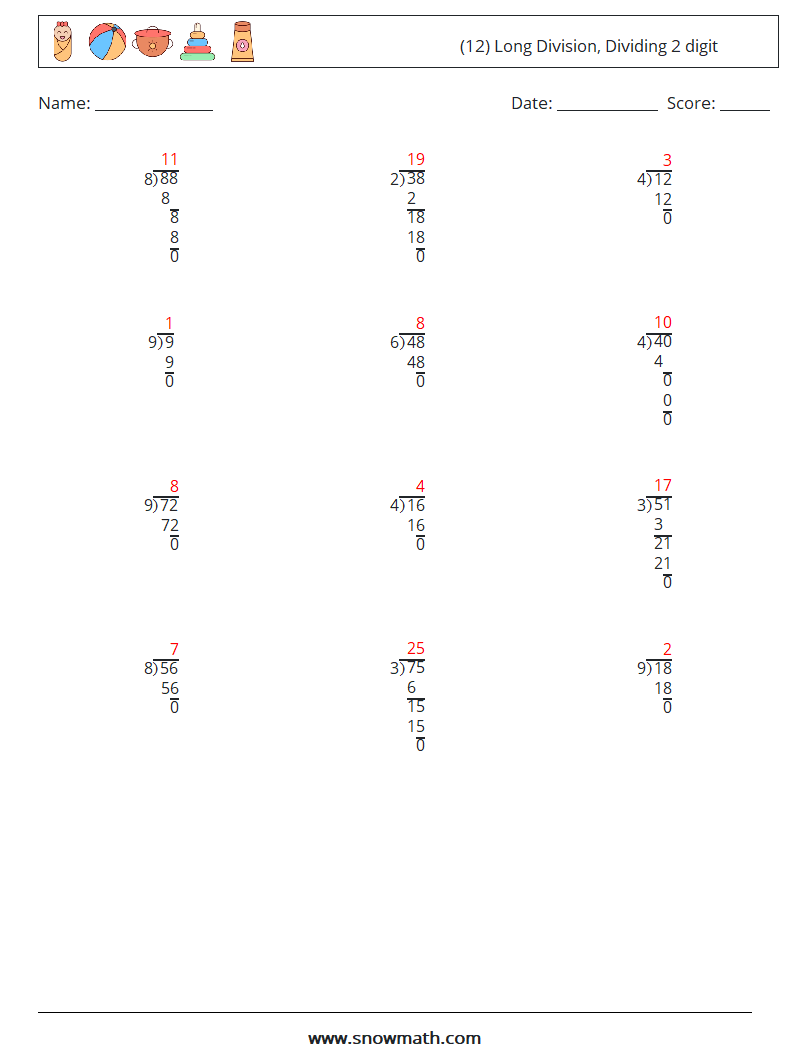 (12) Long Division, Dividing 2 digit Math Worksheets 16 Question, Answer