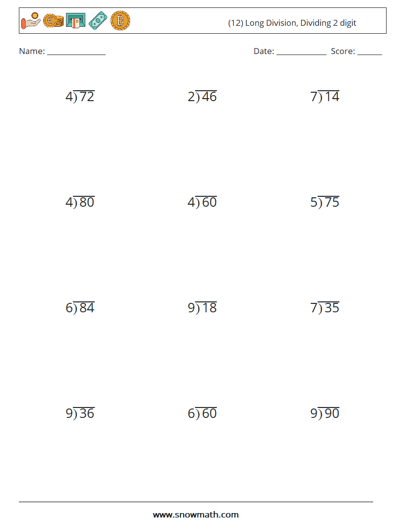 (12) Long Division, Dividing 2 digit Math Worksheets 2