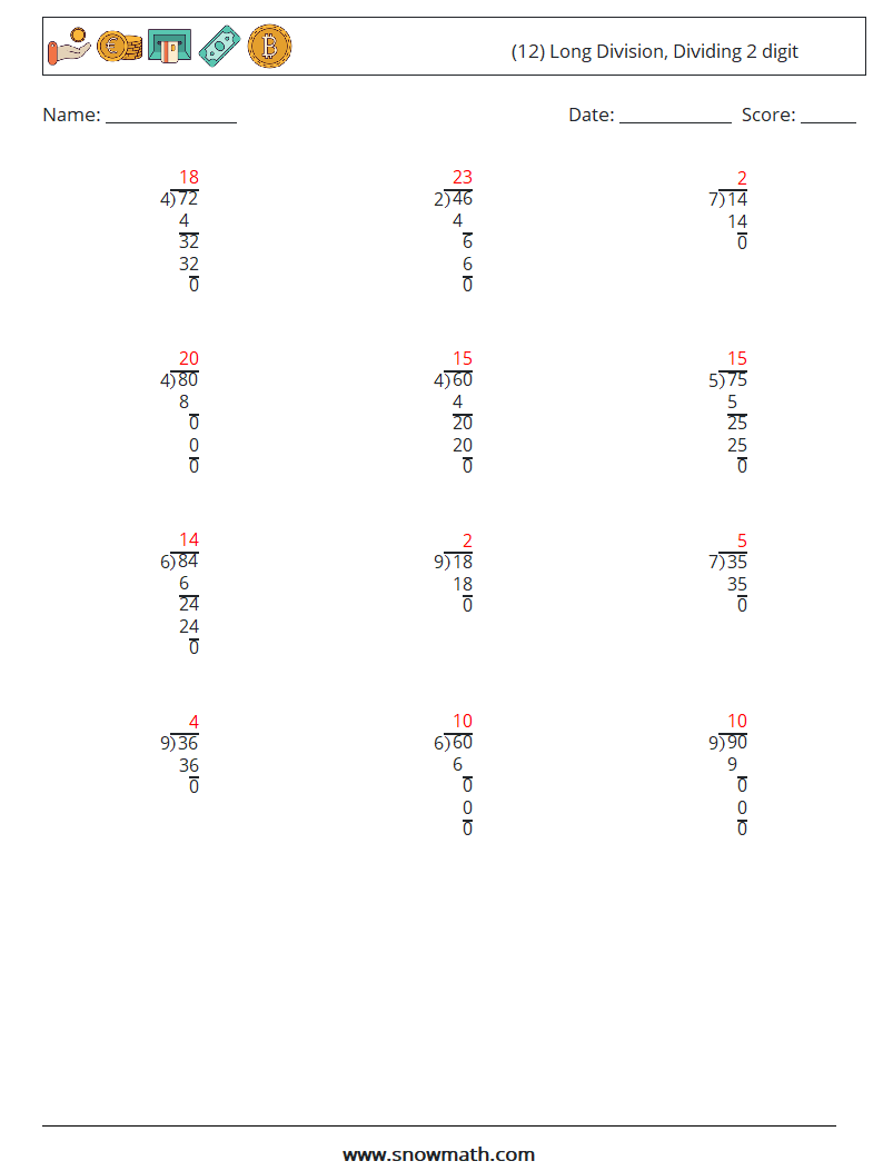 (12) Long Division, Dividing 2 digit Math Worksheets 2 Question, Answer