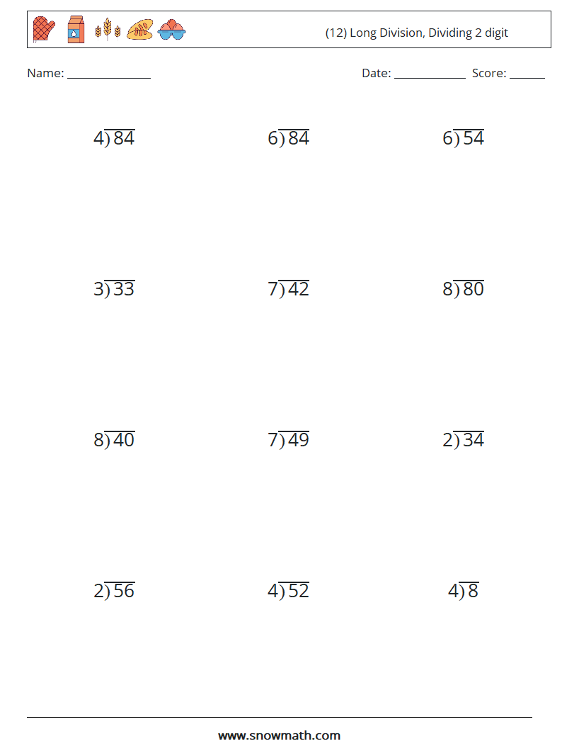(12) Long Division, Dividing 2 digit Math Worksheets 3