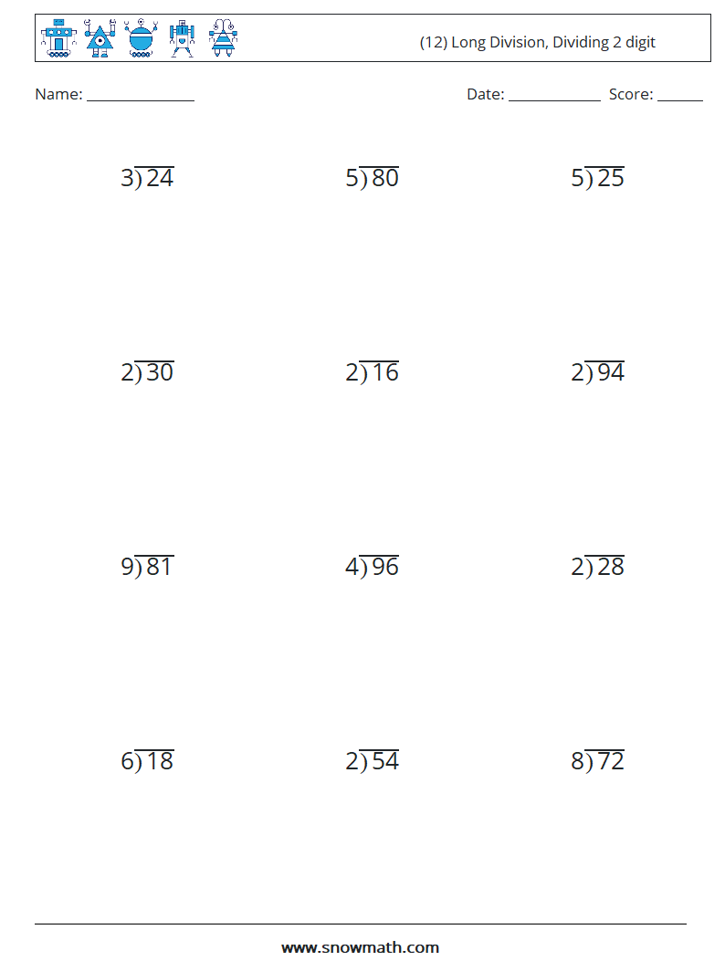 (12) Long Division, Dividing 2 digit Math Worksheets 5