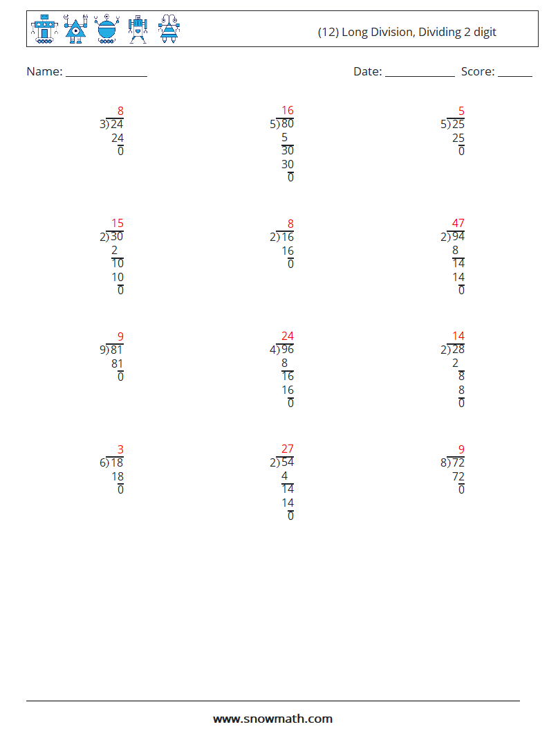 (12) Long Division, Dividing 2 digit Math Worksheets 5 Question, Answer