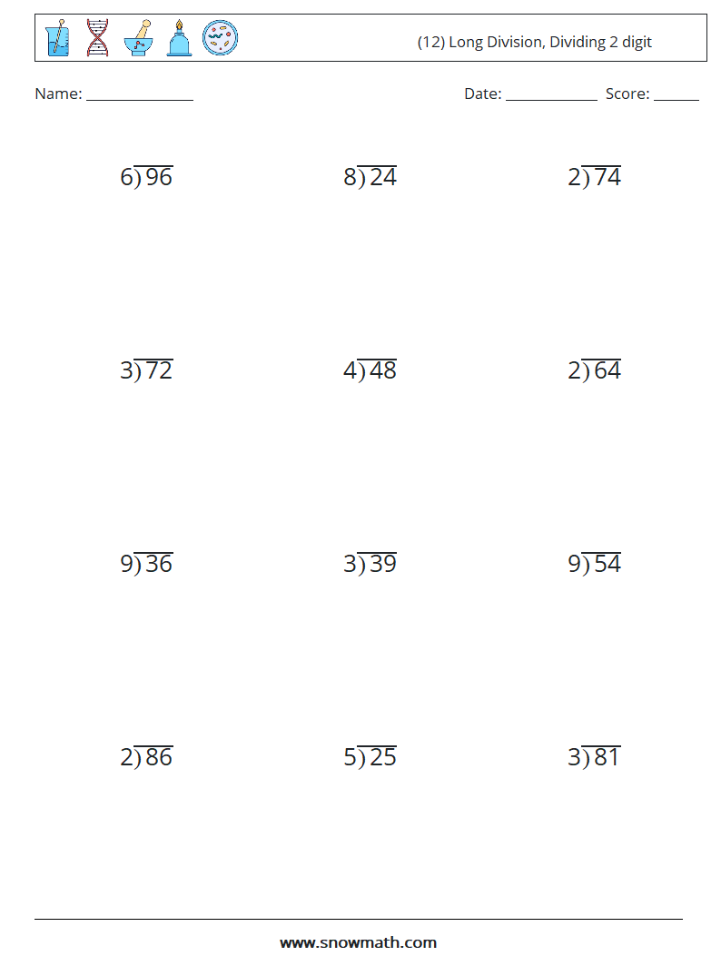 (12) Long Division, Dividing 2 digit Math Worksheets 6