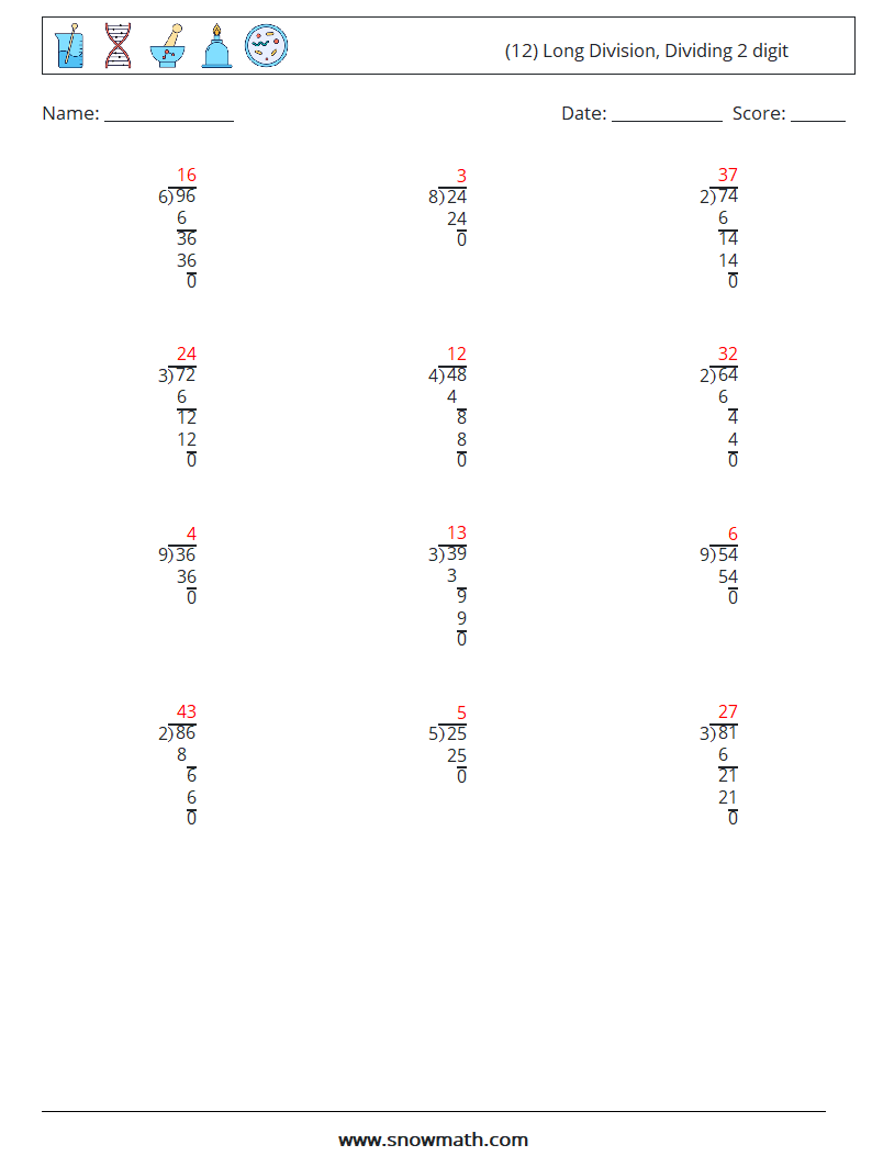 (12) Long Division, Dividing 2 digit Math Worksheets 6 Question, Answer