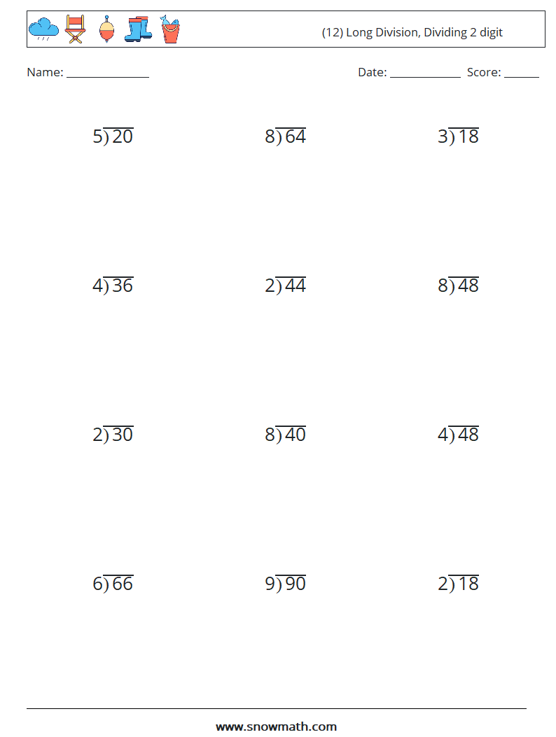 (12) Long Division, Dividing 2 digit Math Worksheets 7