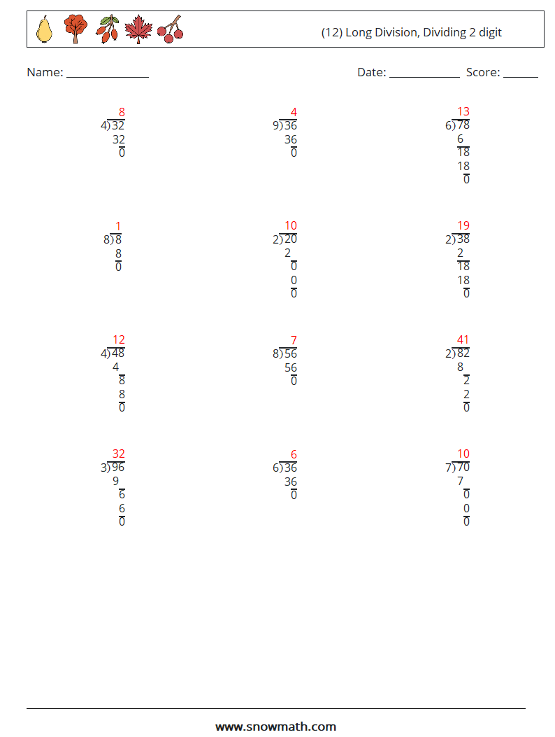 (12) Long Division, Dividing 2 digit Math Worksheets 9 Question, Answer