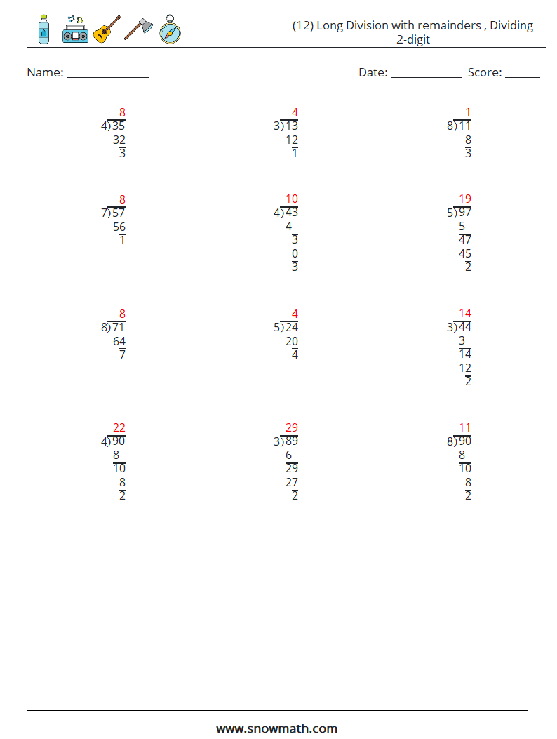 (12) Long Division with remainders , Dividing 2-digit Math Worksheets 13 Question, Answer