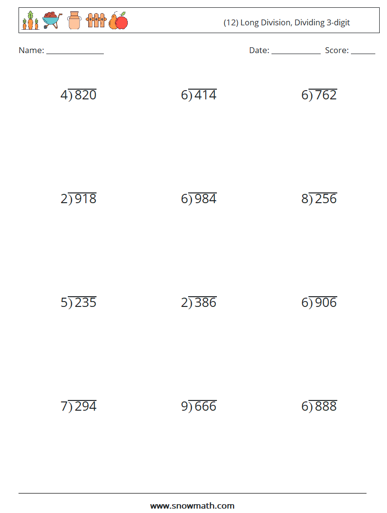 (12) Long Division, Dividing 3-digit Math Worksheets 1