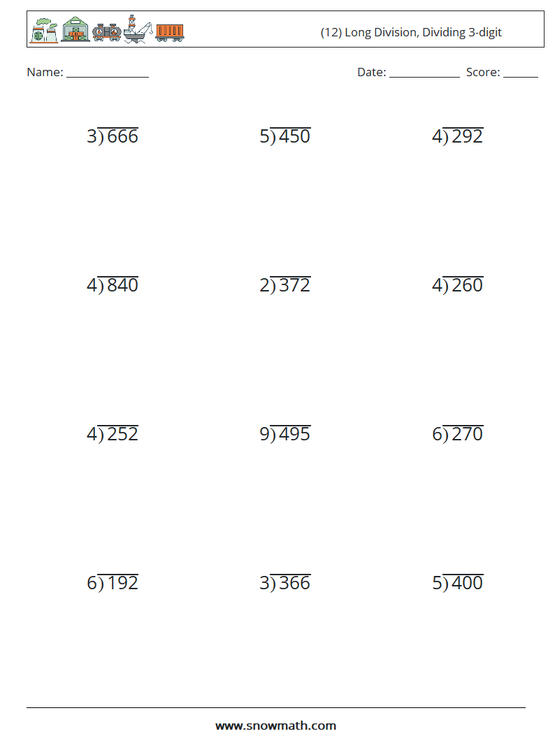 (12) Long Division, Dividing 3-digit Math Worksheets 10