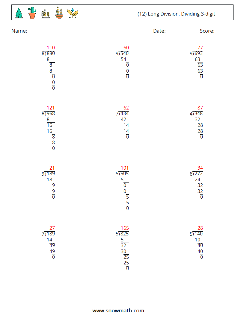 (12) Long Division, Dividing 3-digit Math Worksheets 11 Question, Answer