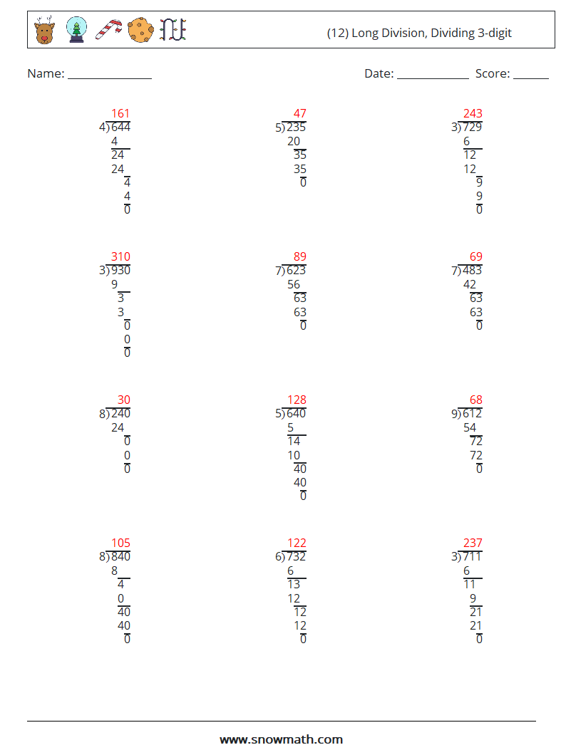 (12) Long Division, Dividing 3-digit Math Worksheets 12 Question, Answer