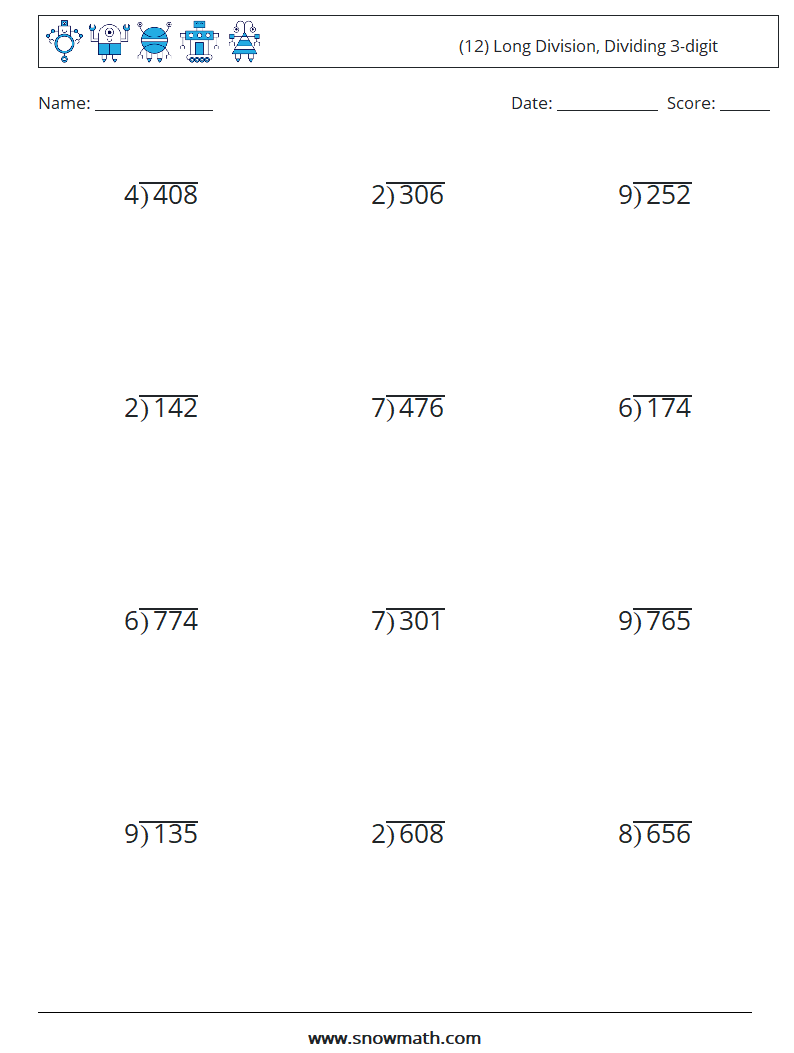 (12) Long Division, Dividing 3-digit Math Worksheets 13